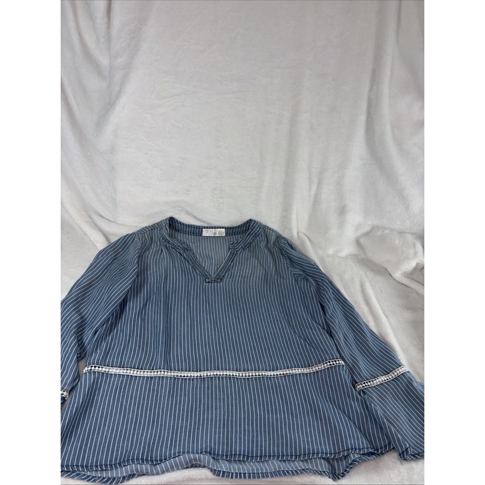Time and Tru Blue White striped chambray tunic Large cottage coquette hippie EUC